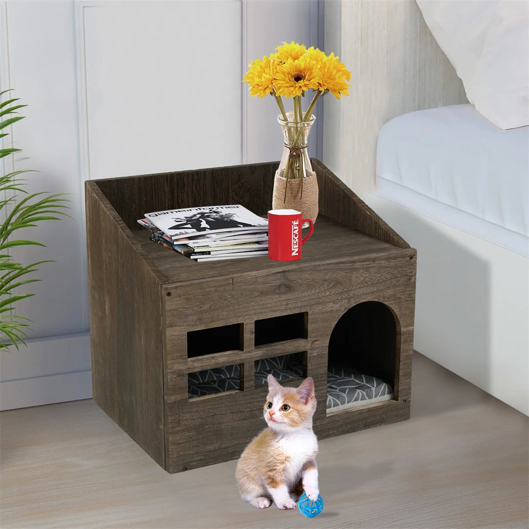 Wooden Cat Cave Bed Furniture Kitten Sleep Lounge House Bed