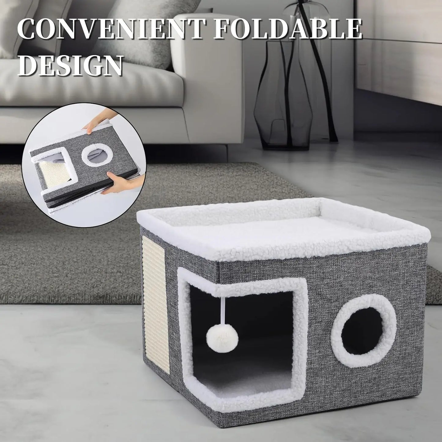 Cat Beds for Indoor Cats, Large Cozy Condo with Ball