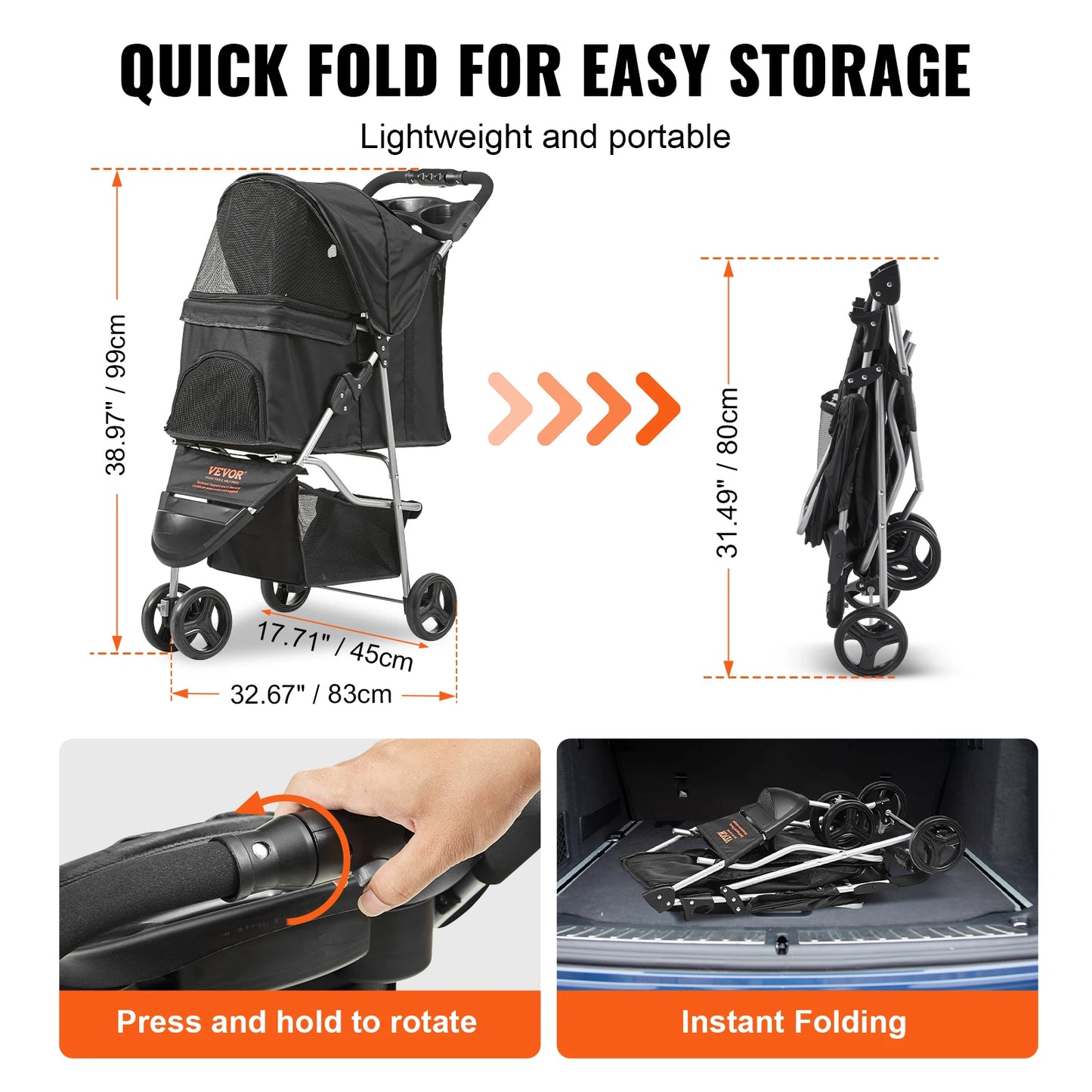 VEVOR 35lbs 3 Wheels Dog Stroller Rotate Black with Basket