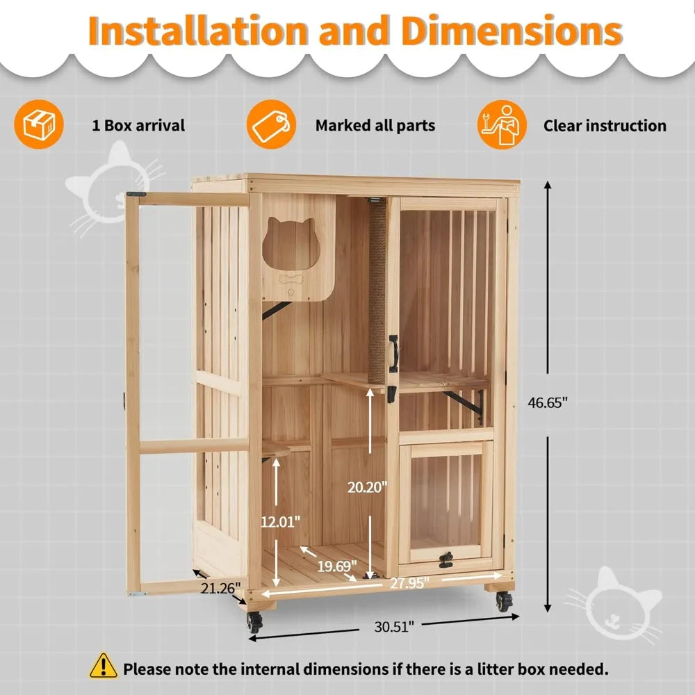 Wooden Large Cat Villa with Wheels with Escape Door