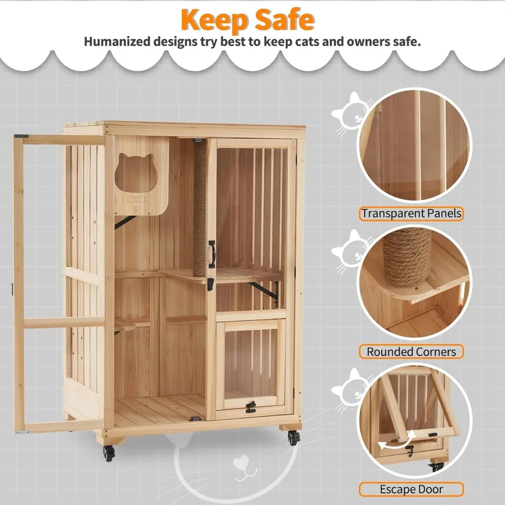 Wooden Large Cat Villa with Wheels with Escape Door