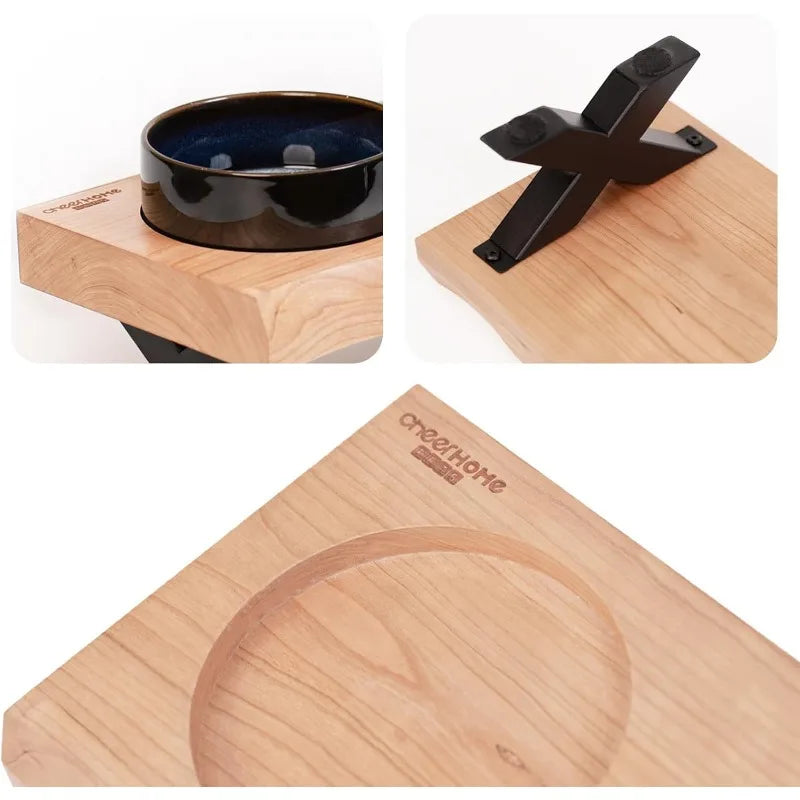 Raised Cat Ceramic Bowls for Small Dog with Wooden Stand