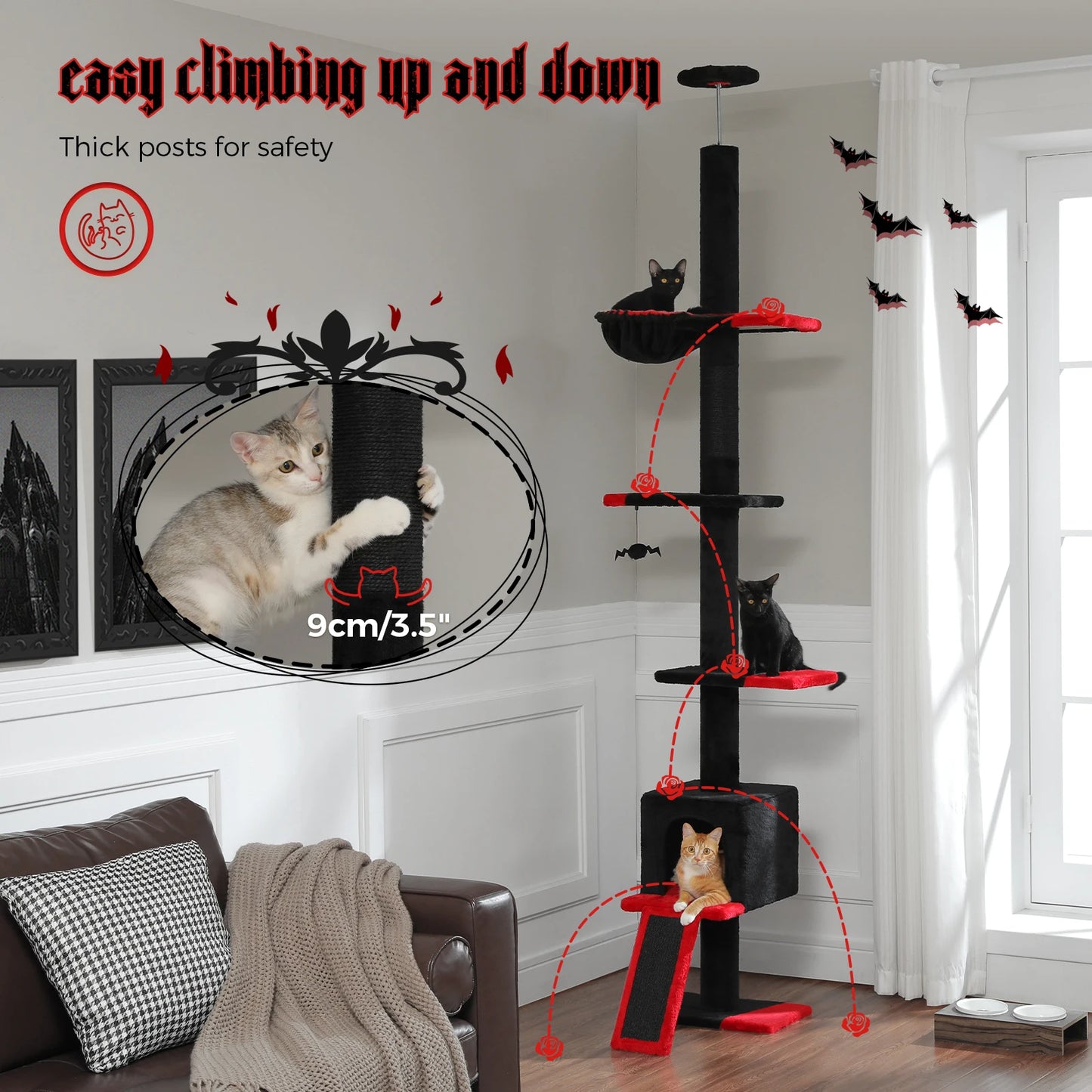 Adjustable Height 210-274CM Cat Tree Floor to Ceiling Tall Cat Tower with Cozy Condo and Scratching Post