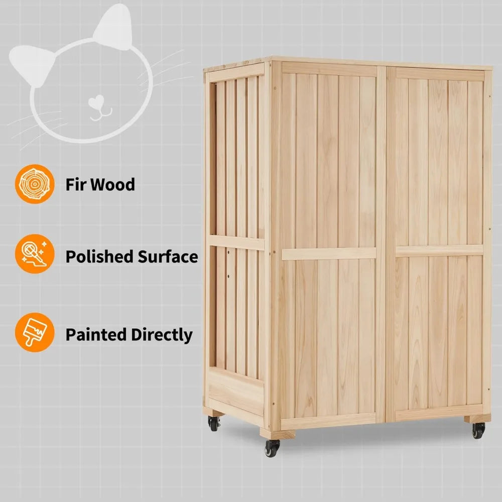 Wooden Large Cat Villa with Wheels with Escape Door