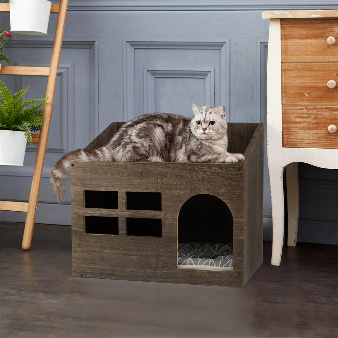Wooden Cat Cave Bed Furniture Kitten Sleep Lounge House Bed