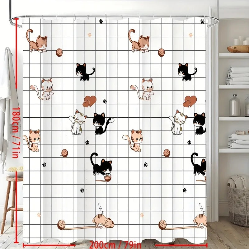 1pc Waterproof Cute Cat Pattern Shower Curtain Easy Install
