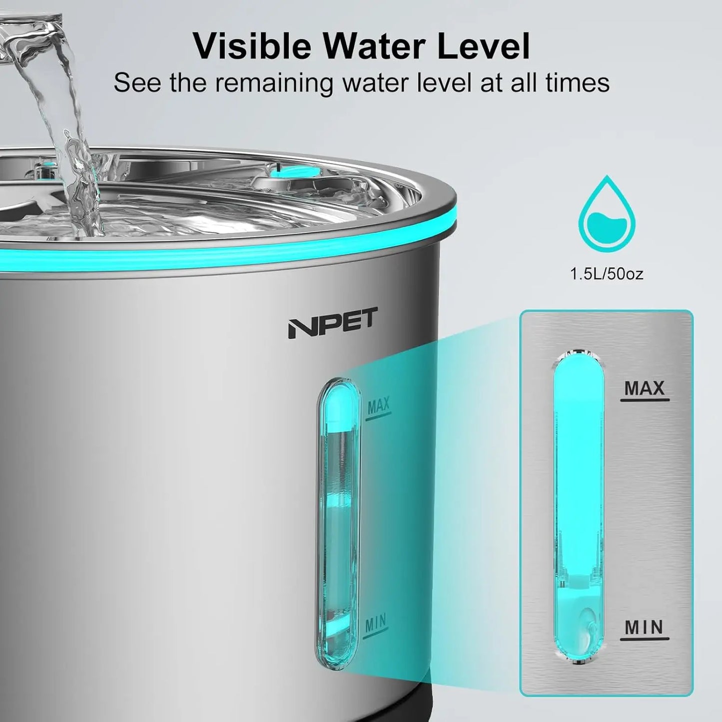 NPET Cat Water Fountain Stainless Steel 50oz Dishwasher Safe