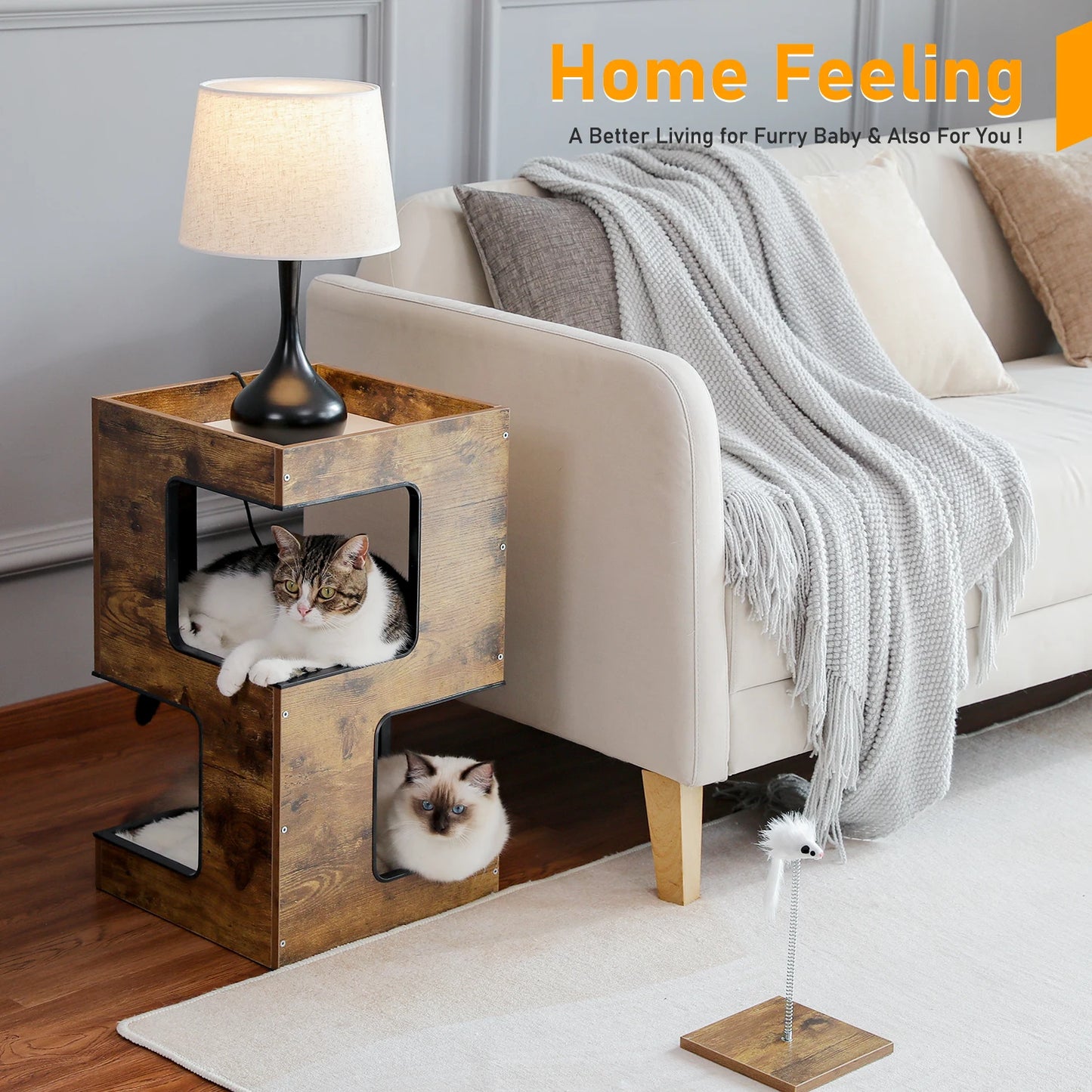Cat Bed with Two Large Condos Scratching Pad Detachable Scratcher