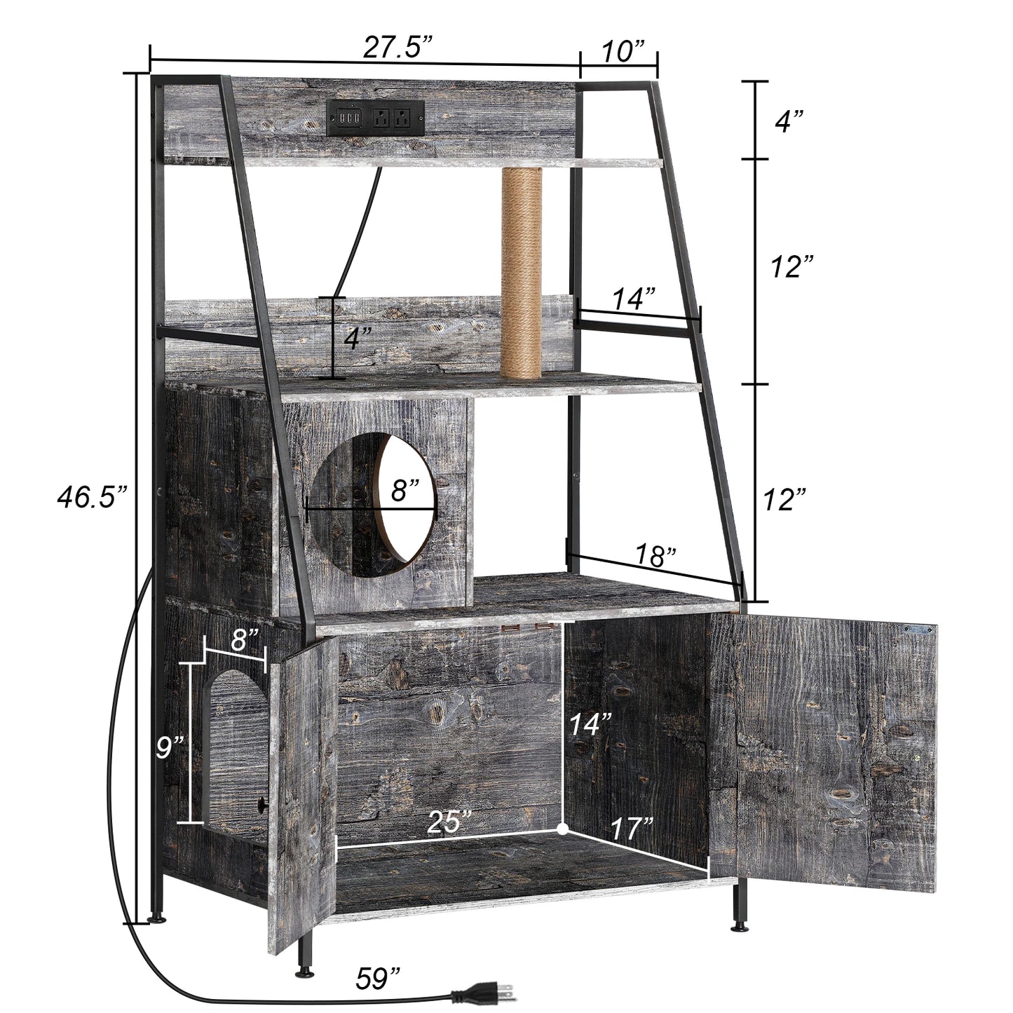 Cat Litter Box Enclosure with 2 Storage Shelves and Cat Tree